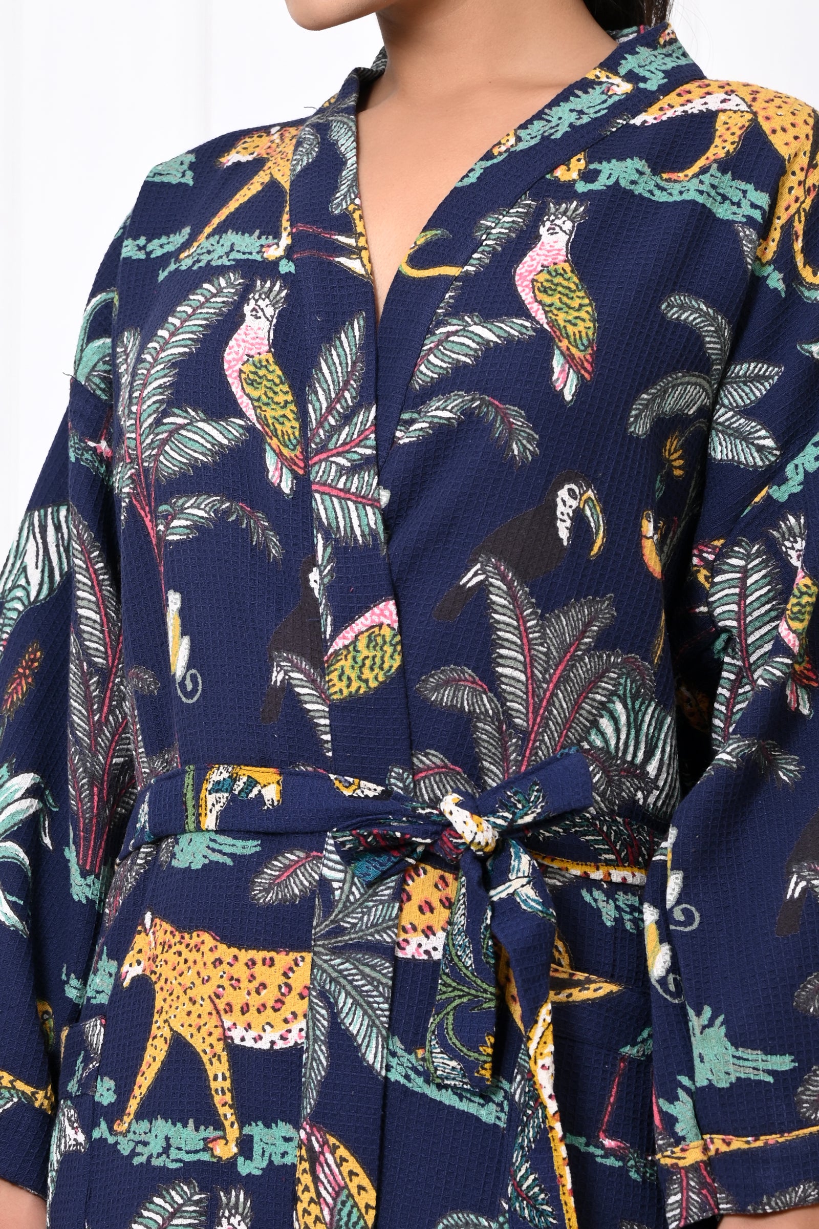 Waffle Cotton Handblock Printed Unisex Bathrobe - Free Size