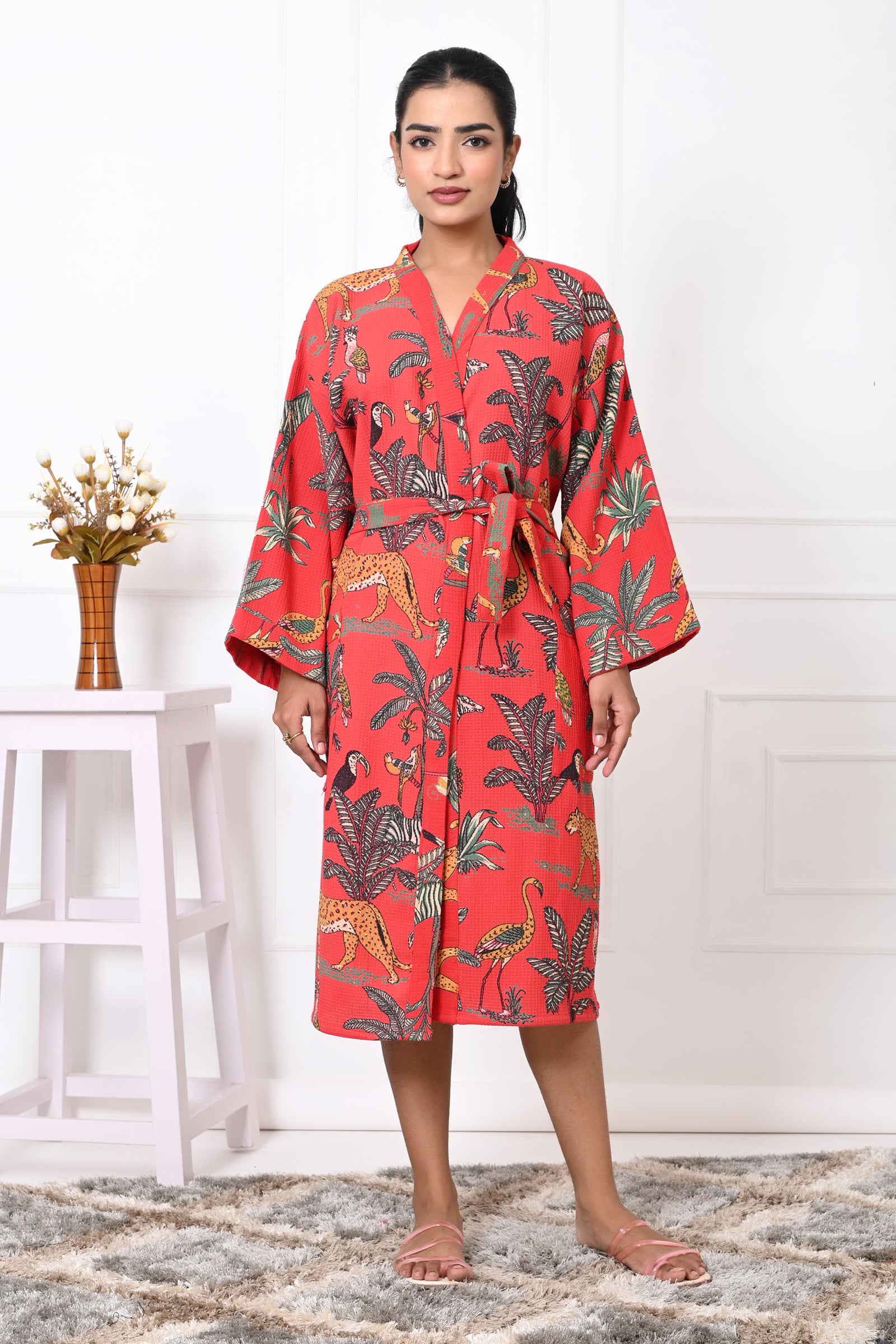 Waffle Cotton Handblock Printed Unisex Bathrobe - Free Size