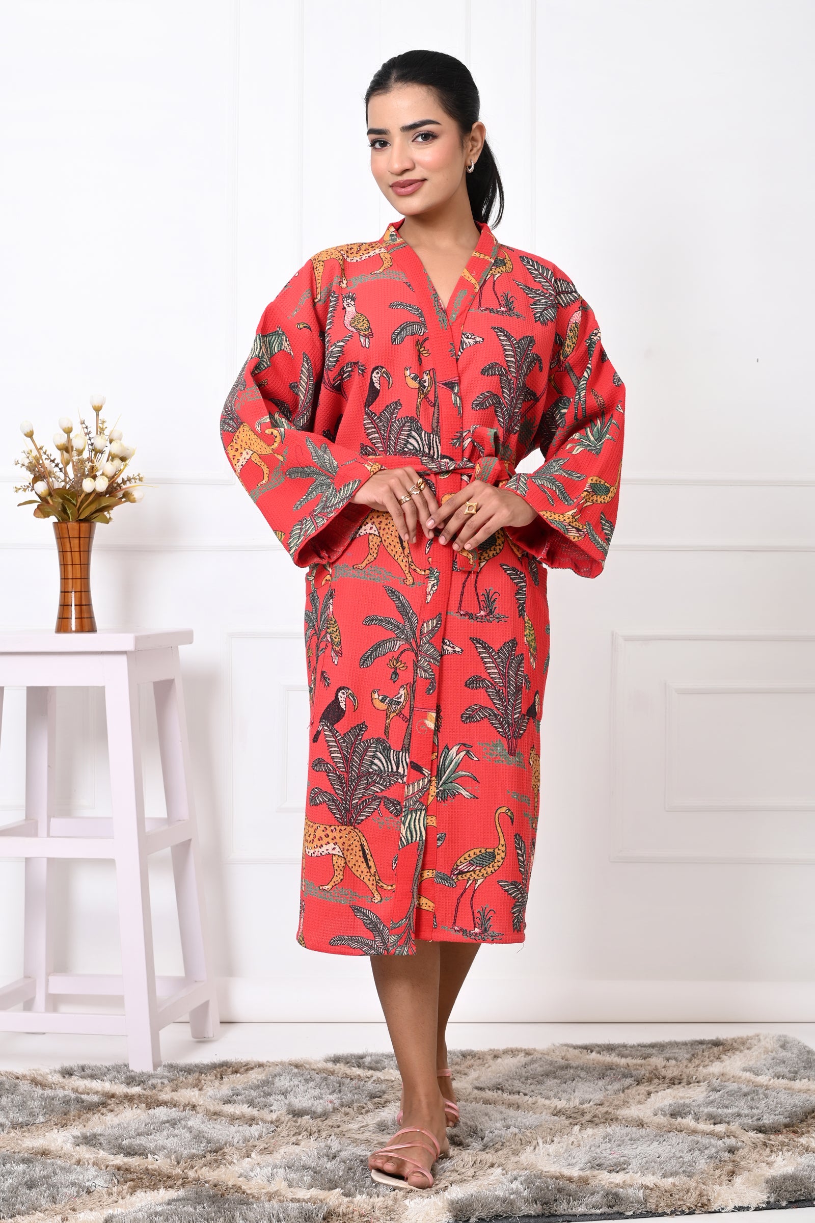 Waffle Cotton Handblock Printed Unisex Bathrobe - Free Size