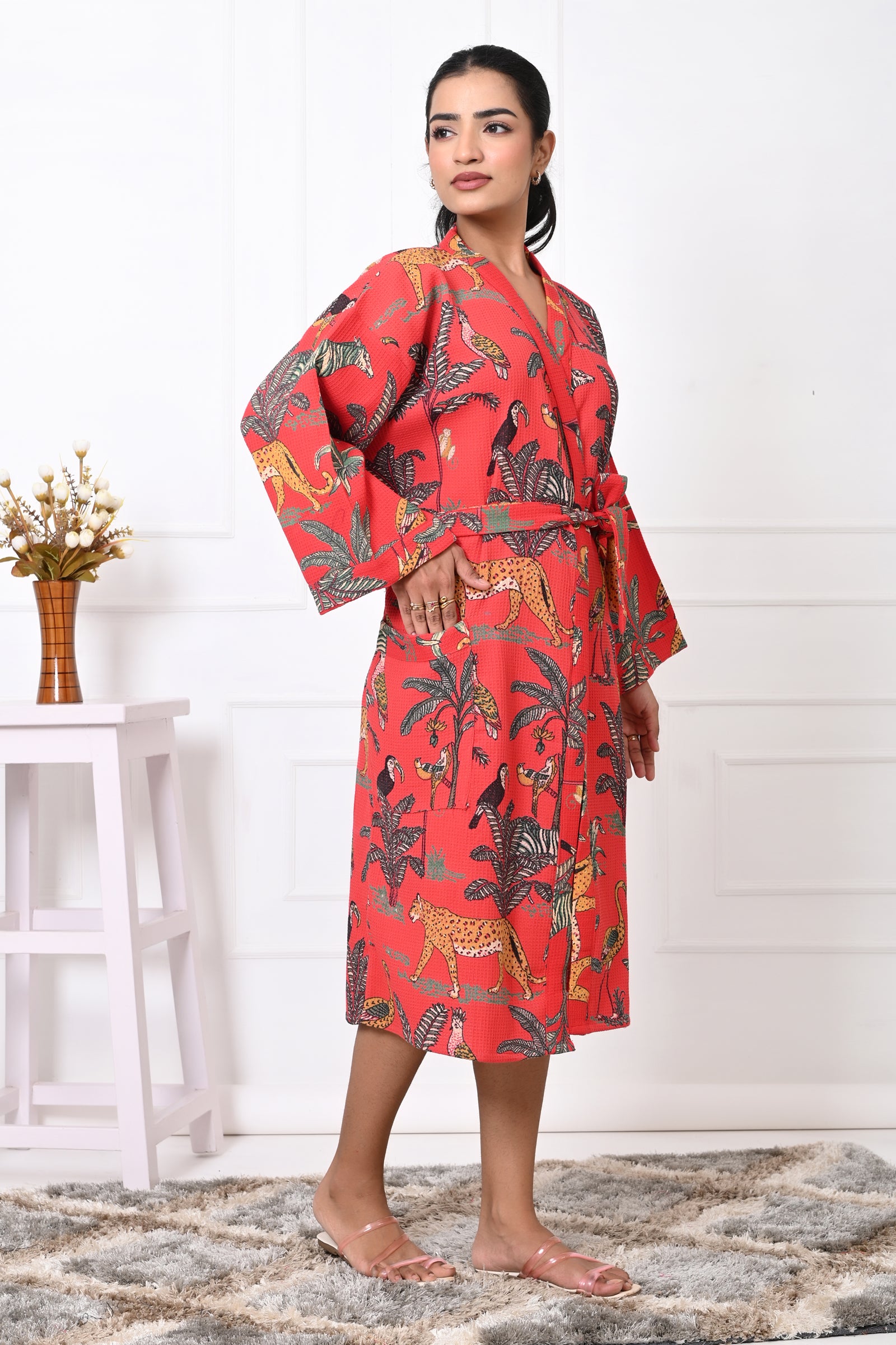Waffle Cotton Handblock Printed Unisex Bathrobe - Free Size