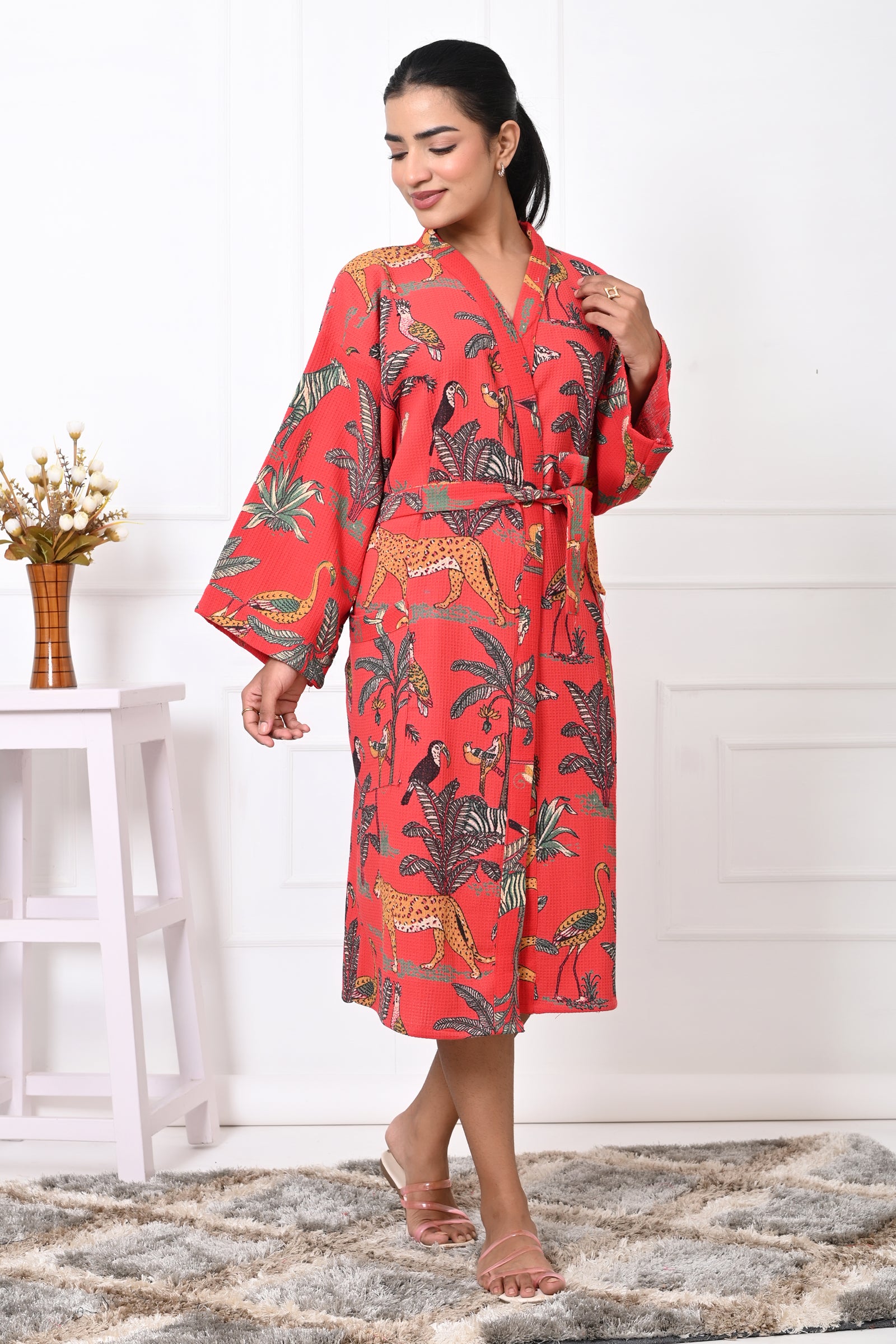 Waffle Cotton Handblock Printed Unisex Bathrobe - Free Size