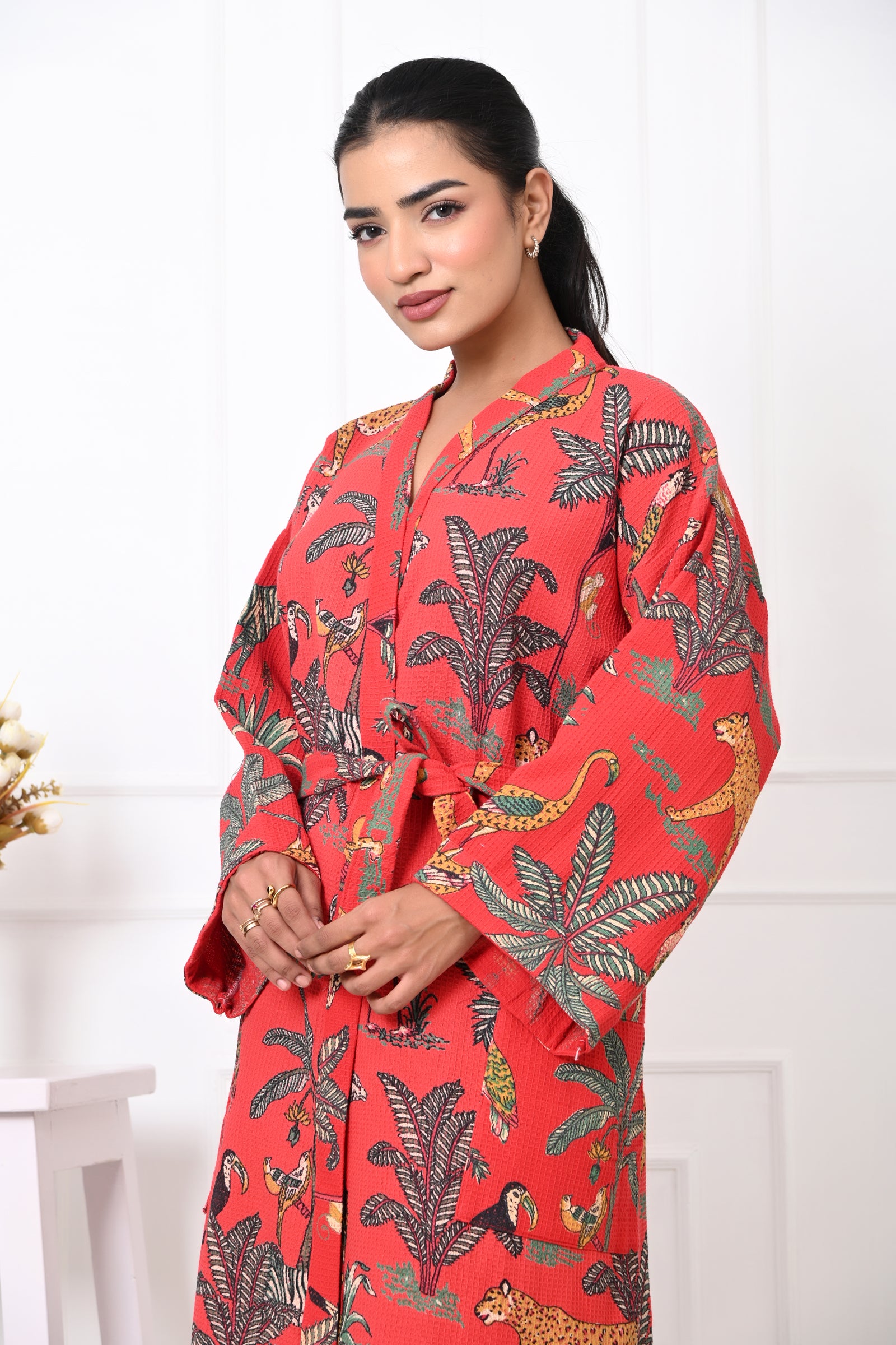 Waffle Cotton Handblock Printed Unisex Bathrobe - Free Size