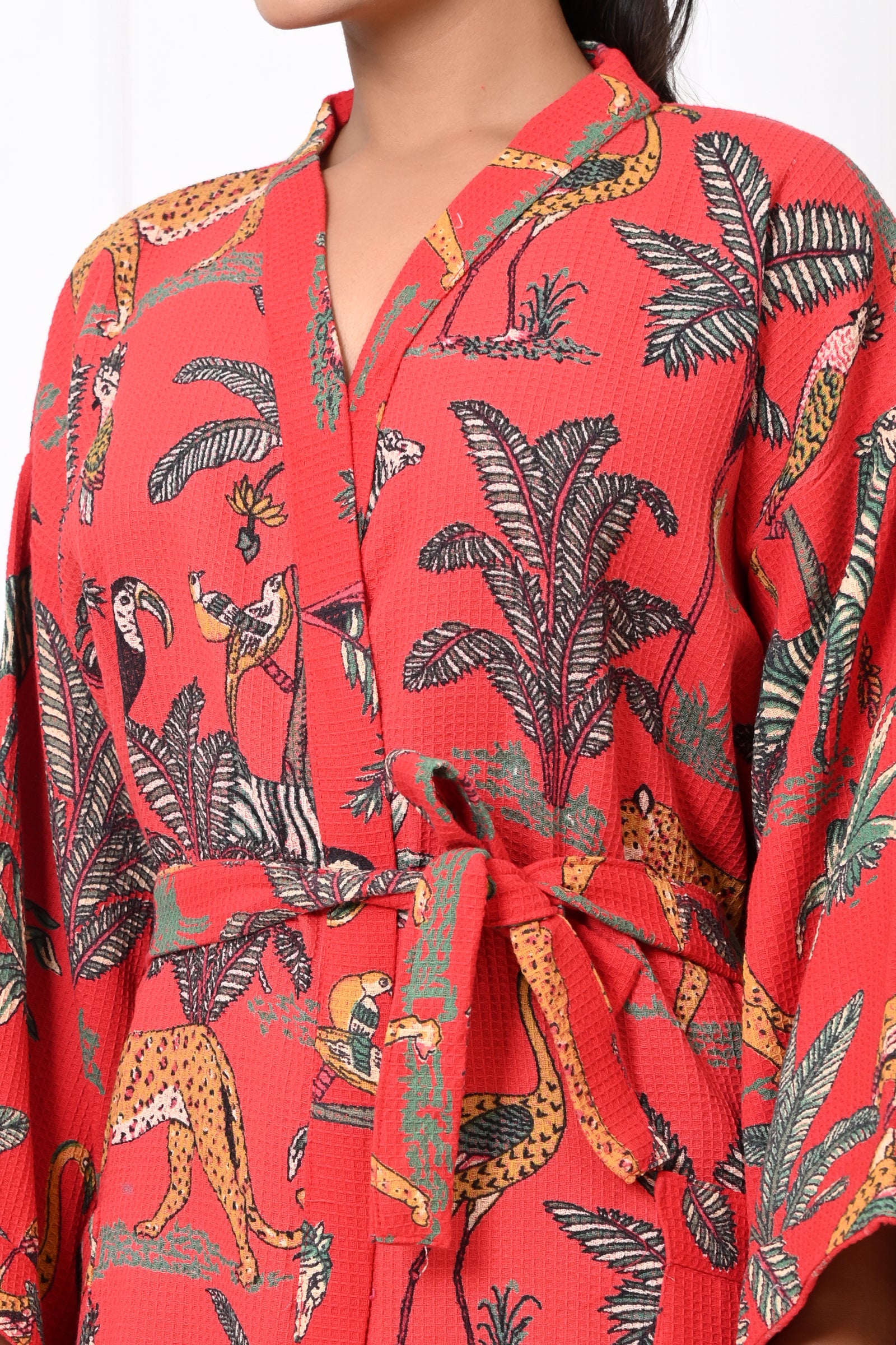 Waffle Cotton Handblock Printed Unisex Bathrobe - Free Size