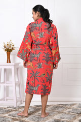 Waffle Cotton Handblock Printed Unisex Bathrobe - Free Size