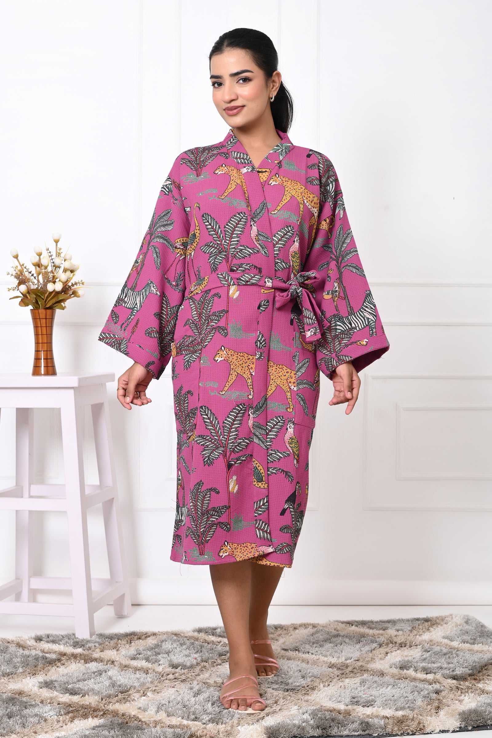 Waffle Cotton Handblock Printed Unisex Bathrobe - Free Size