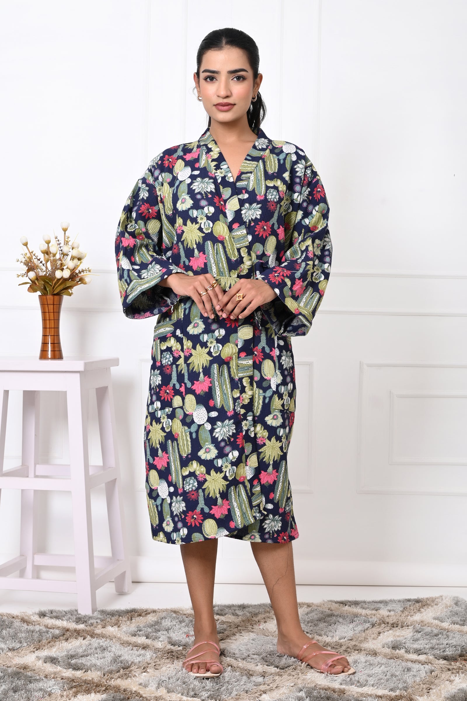 Waffle Cotton Handblock Printed Unisex Bathrobe - Free Size