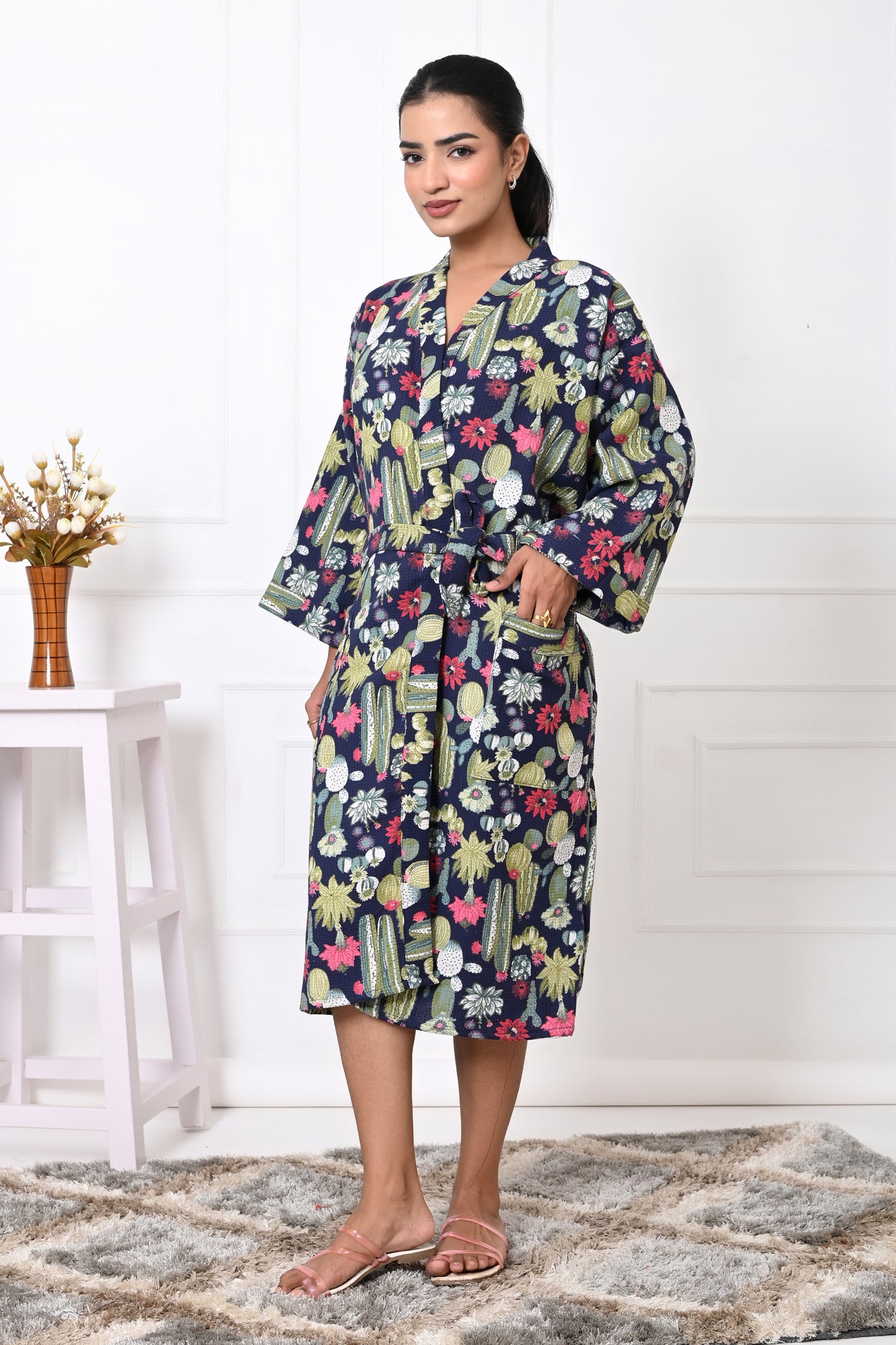 Waffle Cotton Handblock Printed Unisex Bathrobe - Free Size