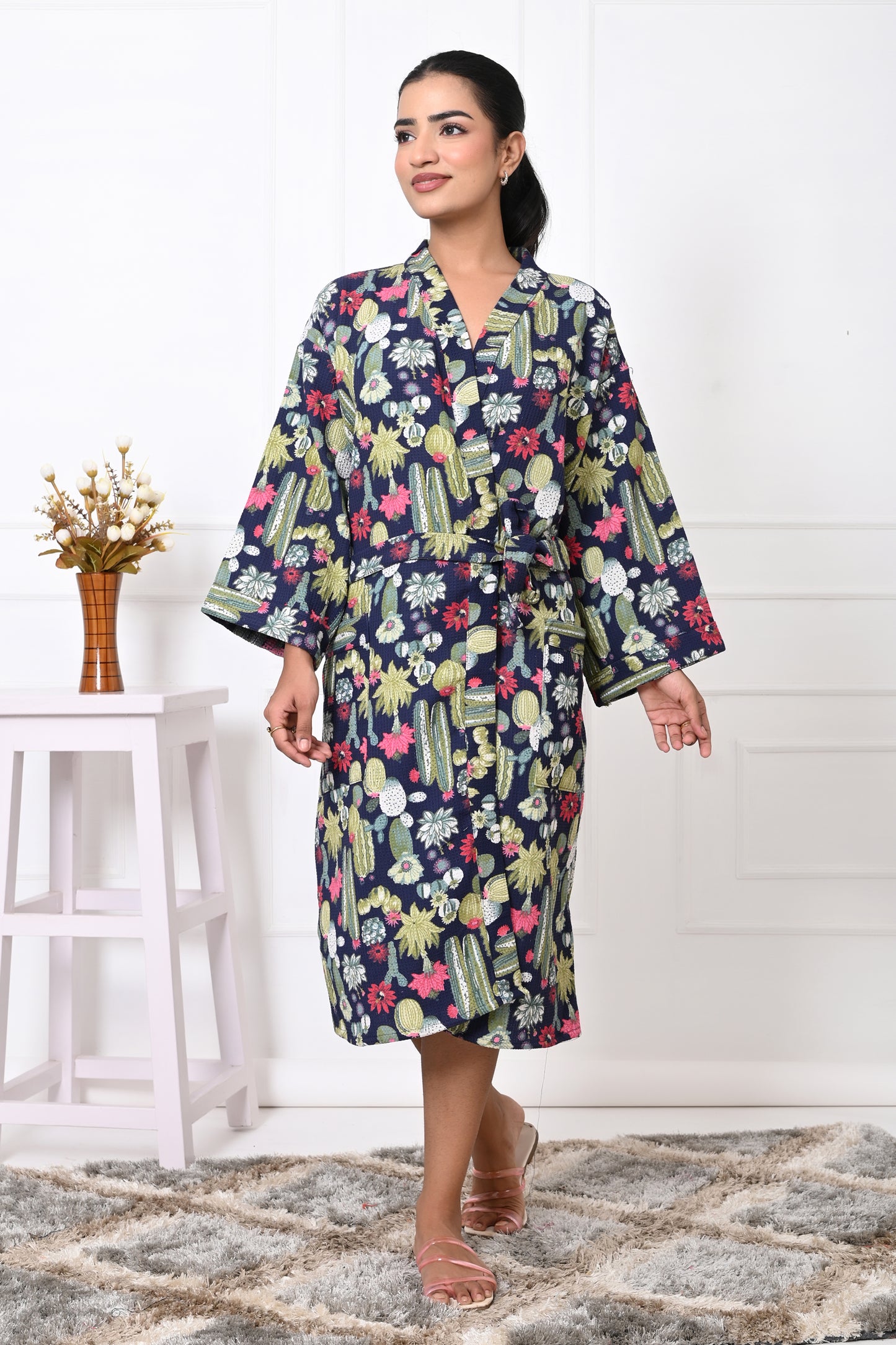 Waffle Cotton Handblock Printed Unisex Bathrobe - Free Size