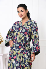 Waffle Cotton Handblock Printed Unisex Bathrobe - Free Size