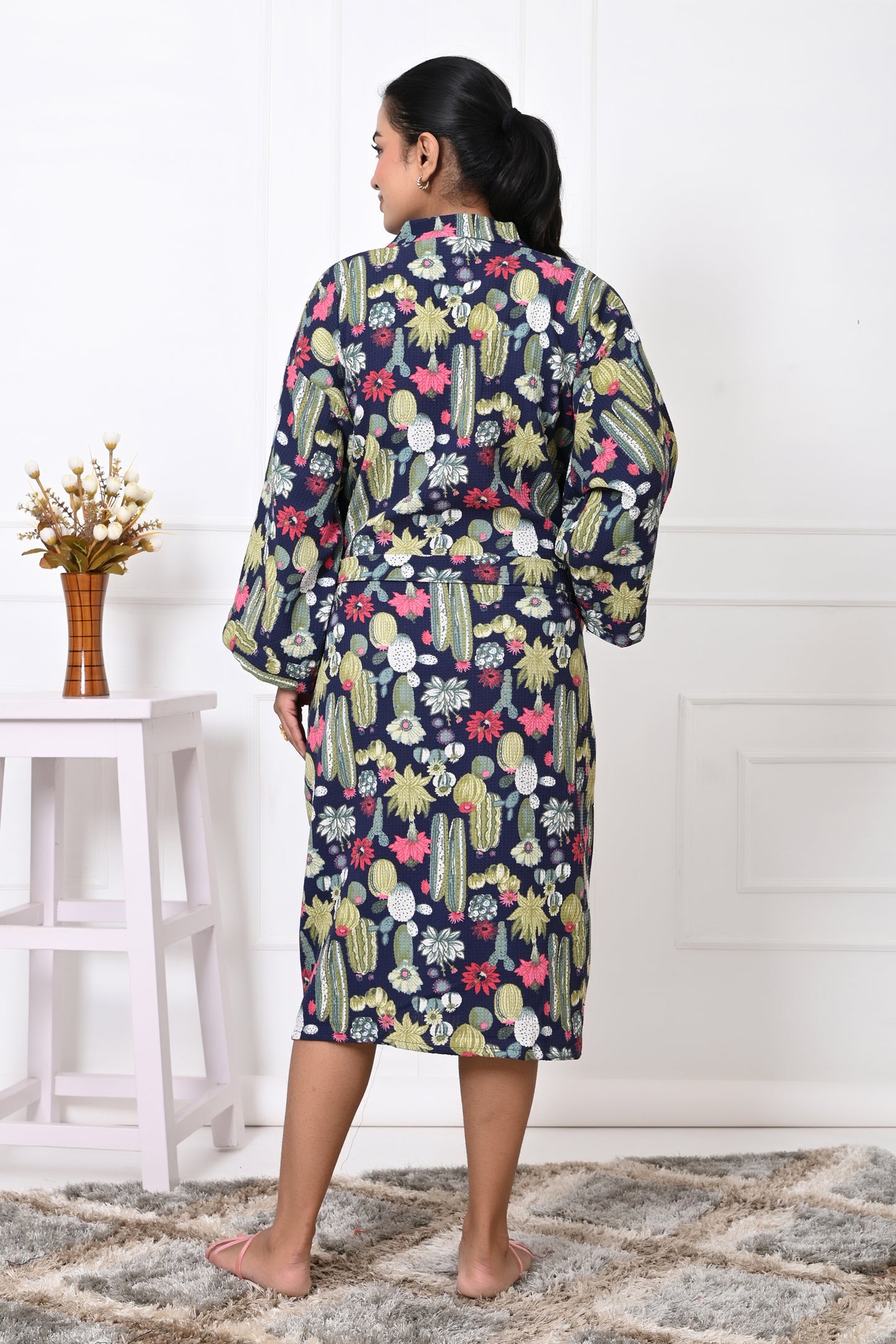 Waffle Cotton Handblock Printed Unisex Bathrobe - Free Size