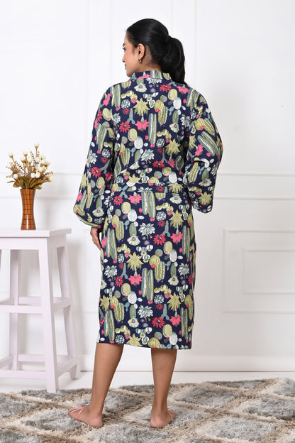 Waffle Cotton Handblock Printed Unisex Bathrobe - Free Size