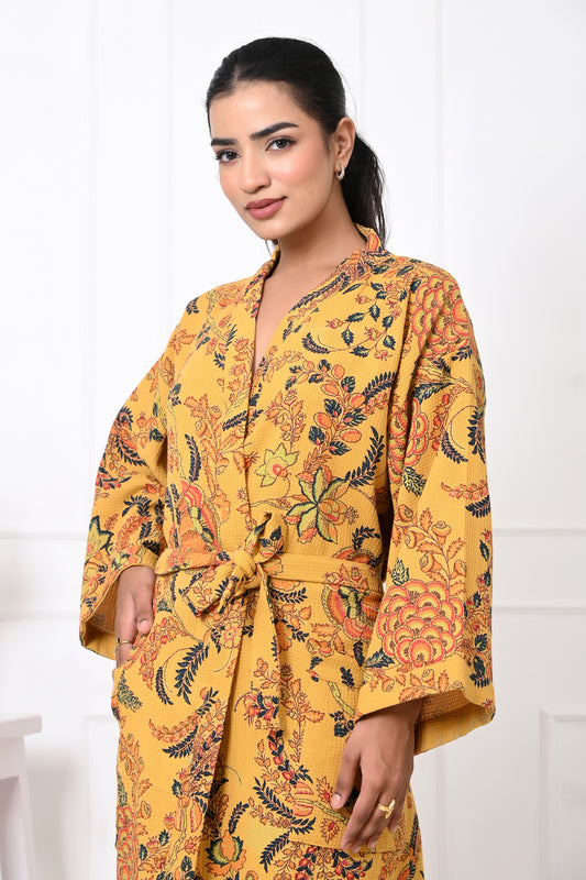 Waffle Cotton Handblock Printed Unisex Bathrobe - Free Size