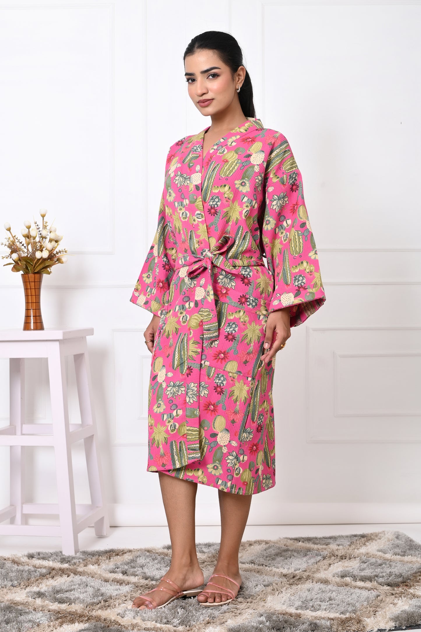 Waffle Cotton Handblock Printed Unisex Bathrobe - Free Size