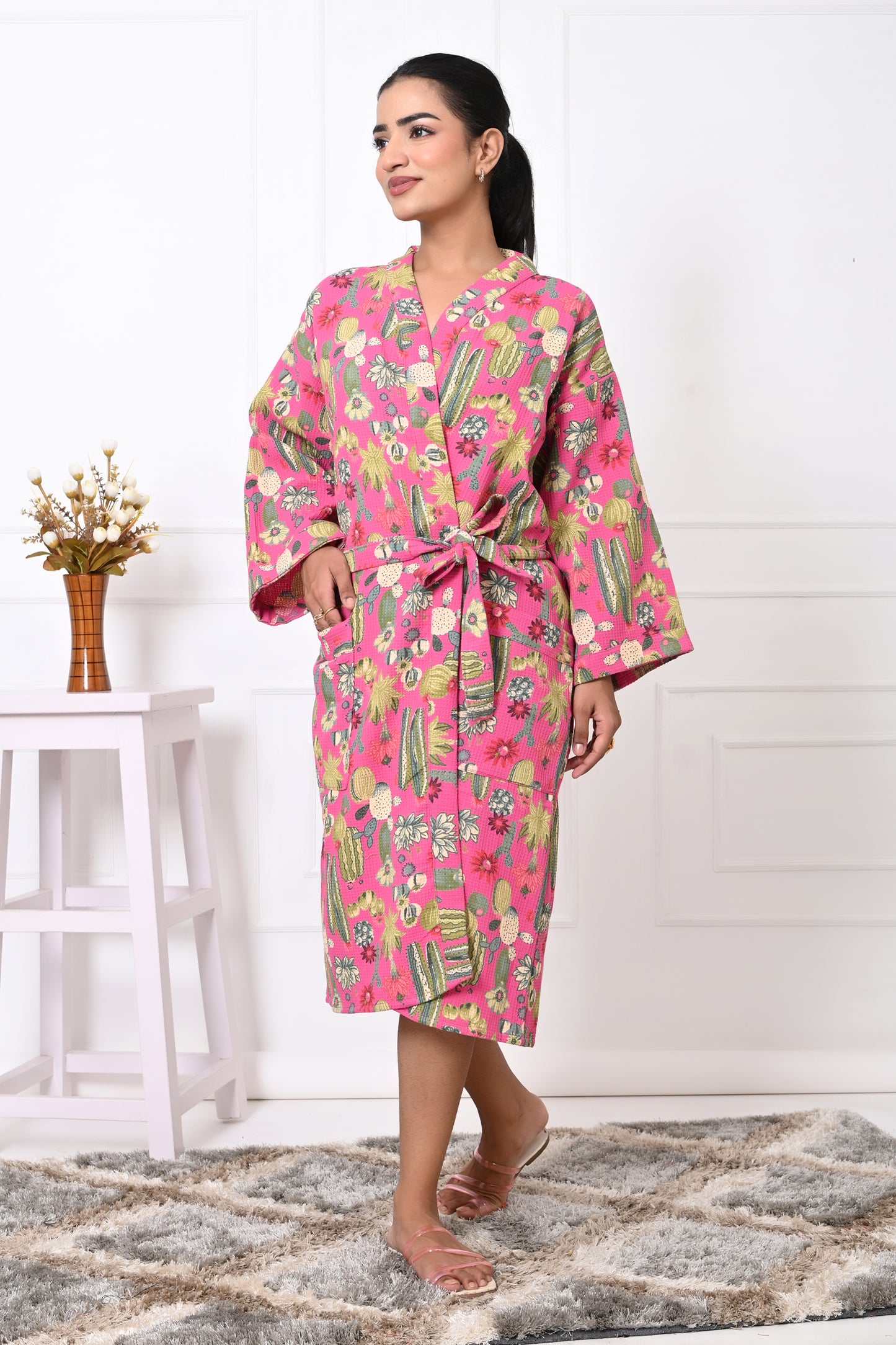 Waffle Cotton Handblock Printed Unisex Bathrobe - Free Size