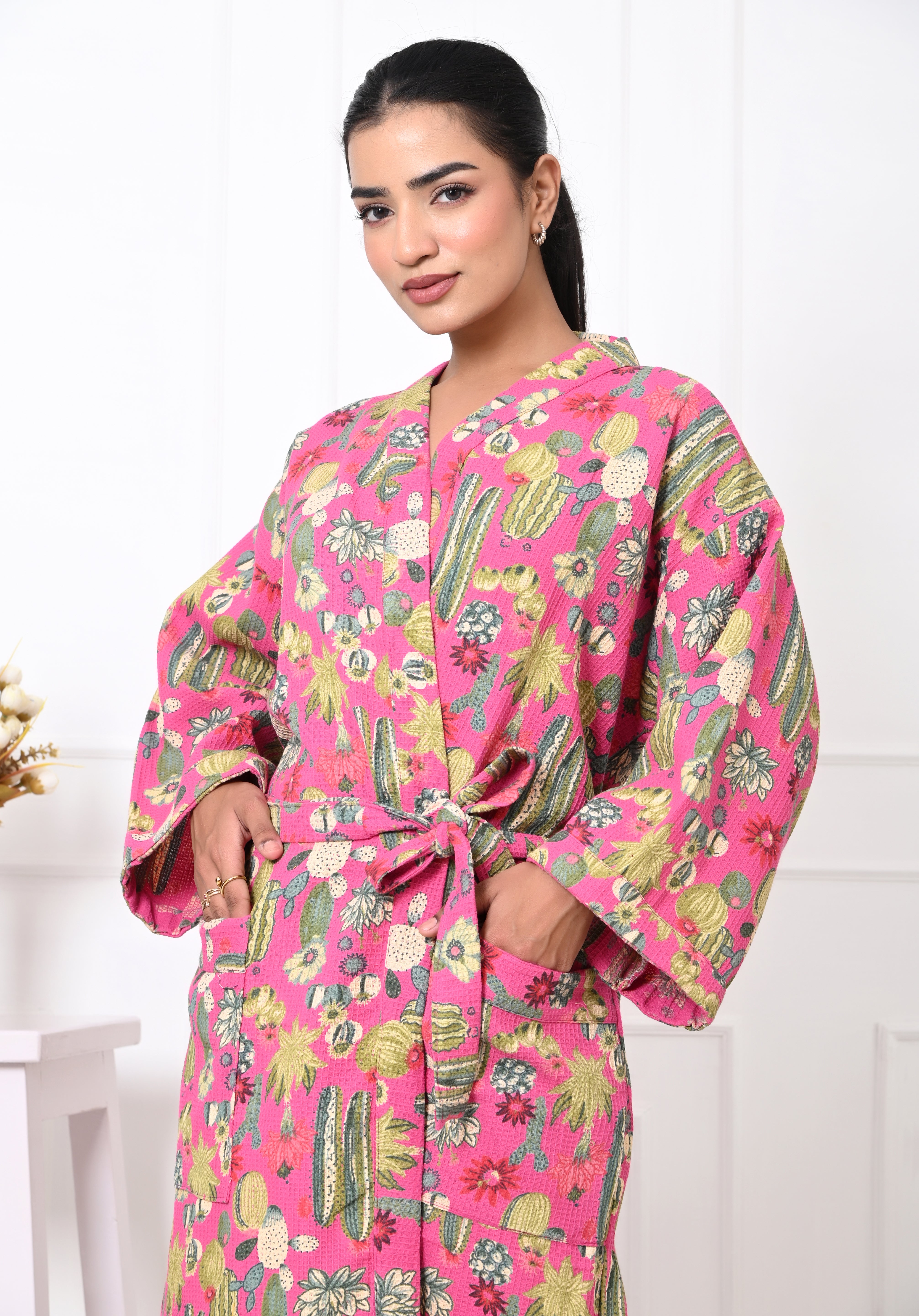 Waffle Cotton Handblock Printed Unisex Bathrobe - Free Size
