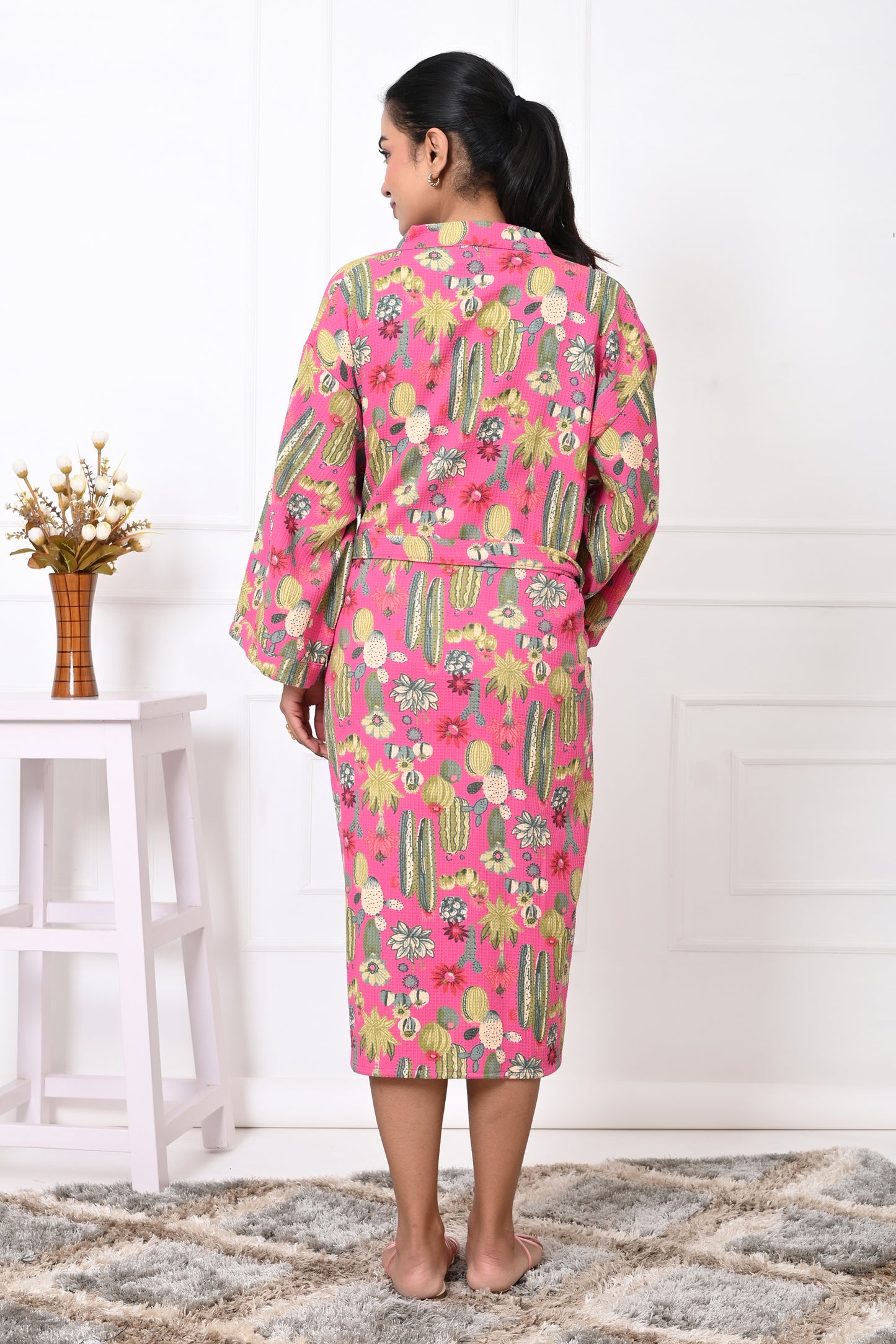 Waffle Cotton Handblock Printed Unisex Bathrobe - Free Size