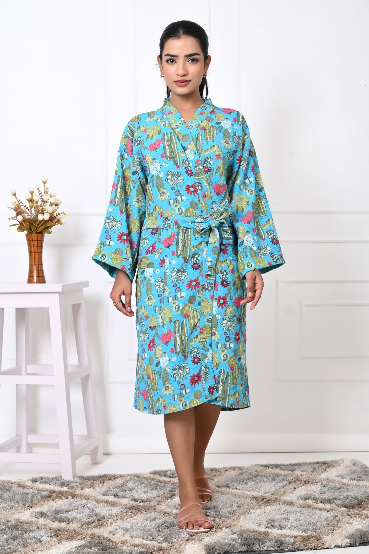 Waffle Cotton Handblock Printed Unisex Bathrobe - Free Size