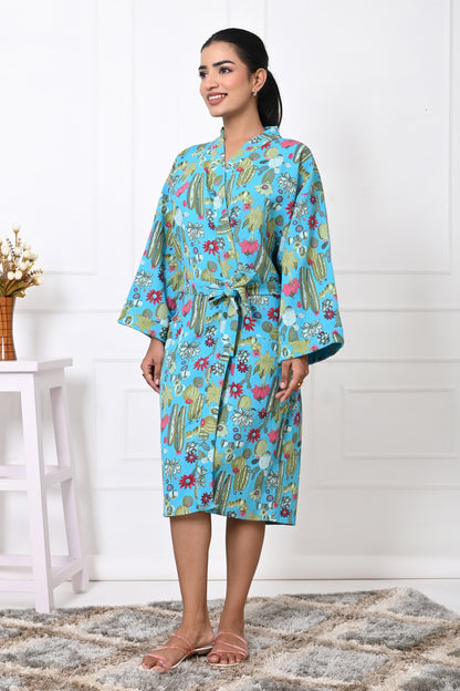 Waffle Cotton Handblock Printed Unisex Bathrobe - Free Size