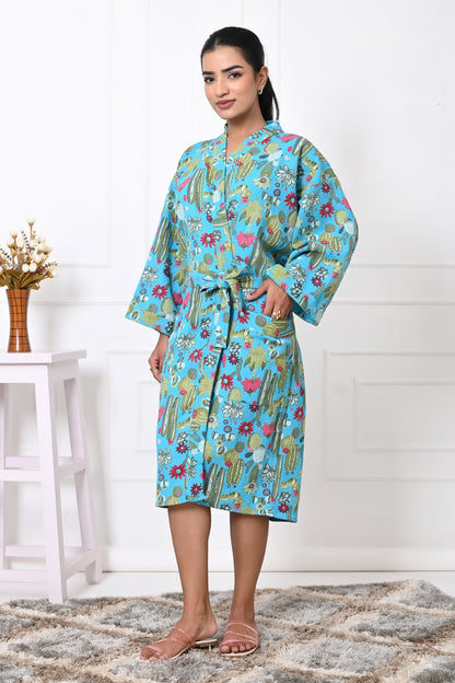 Waffle Cotton Handblock Printed Unisex Bathrobe - Free Size