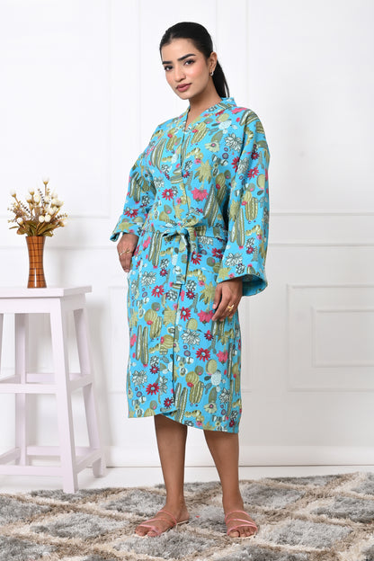 Waffle Cotton Handblock Printed Unisex Bathrobe - Free Size