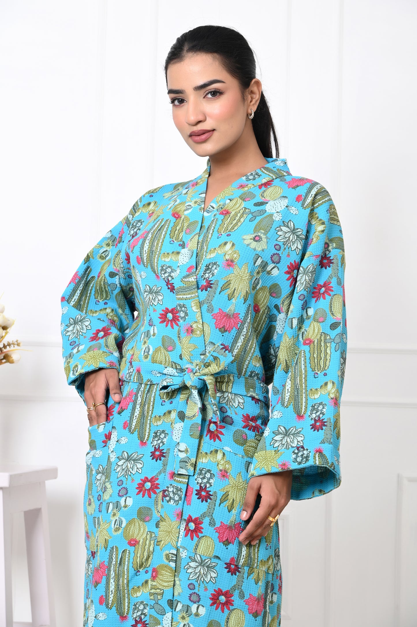 Waffle Cotton Handblock Printed Unisex Bathrobe - Free Size