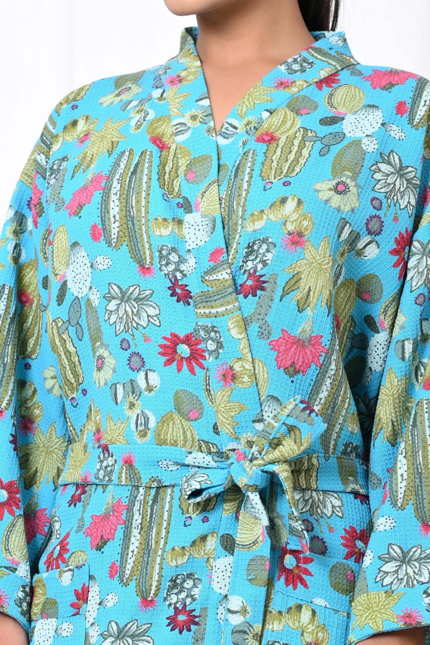 Waffle Cotton Handblock Printed Unisex Bathrobe - Free Size