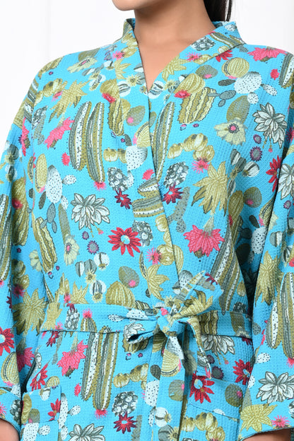 Waffle Cotton Handblock Printed Unisex Bathrobe - Free Size