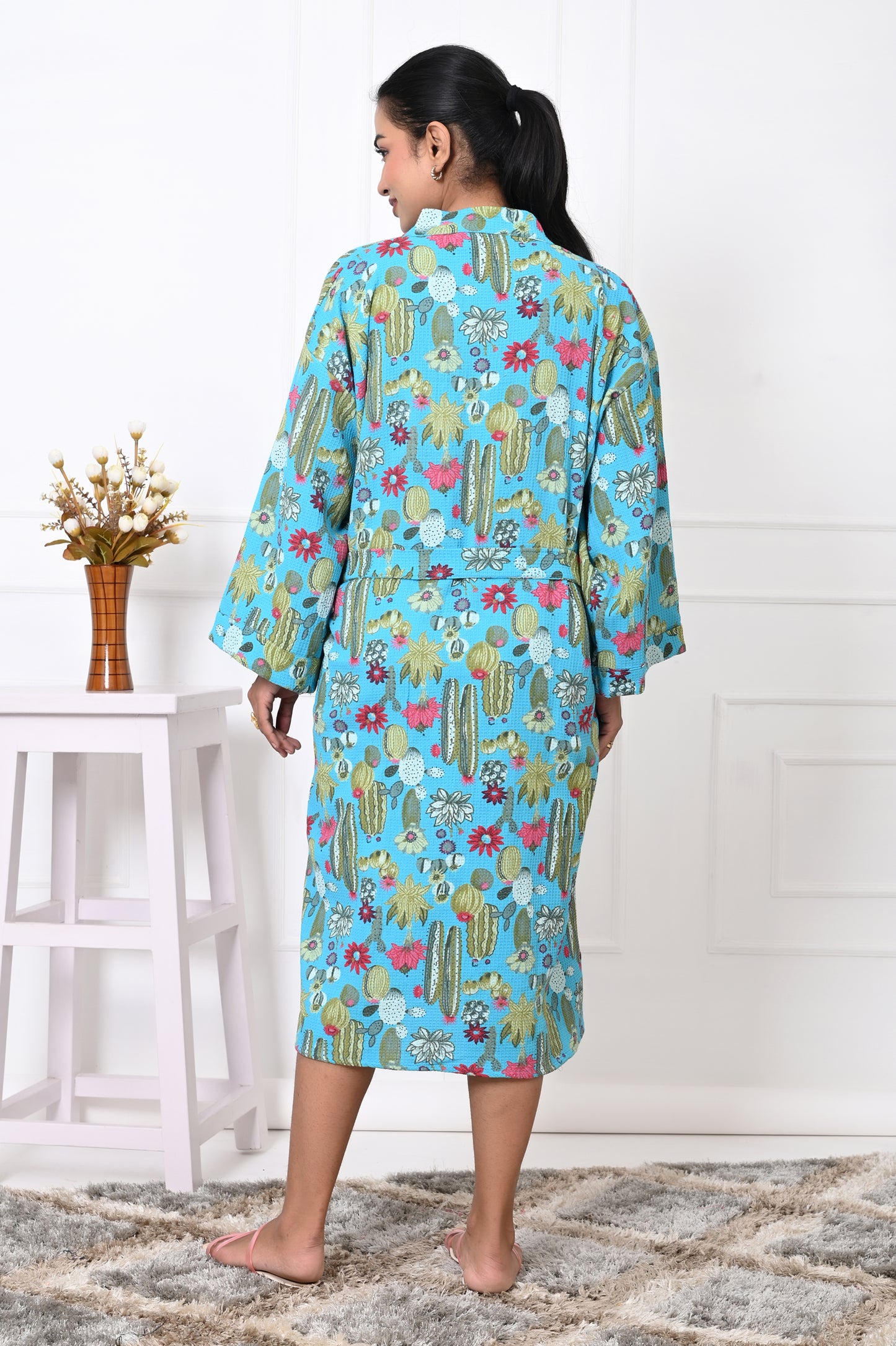 Waffle Cotton Handblock Printed Unisex Bathrobe - Free Size