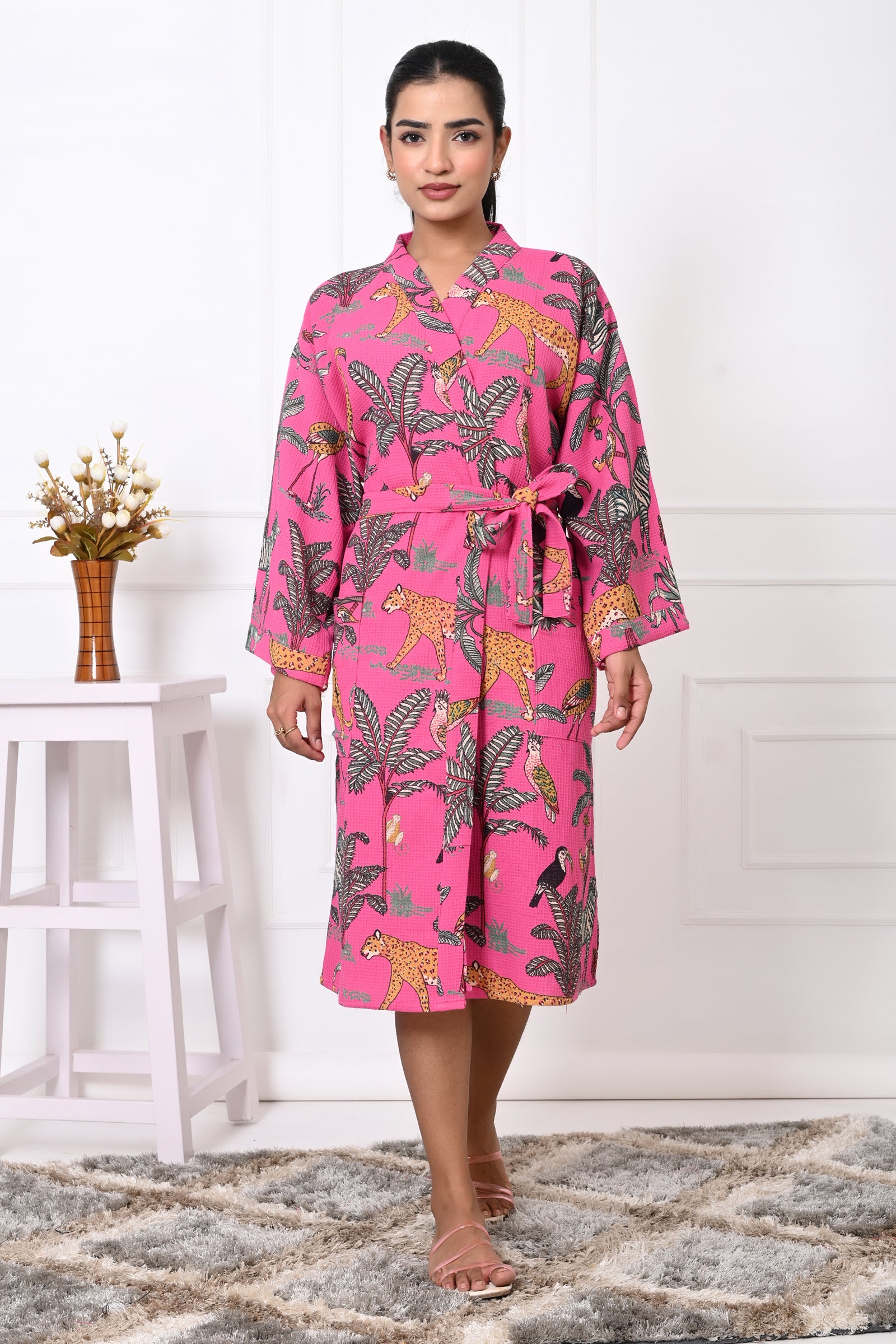 Waffle Cotton Handblock Printed Unisex Bathrobe - Free Size