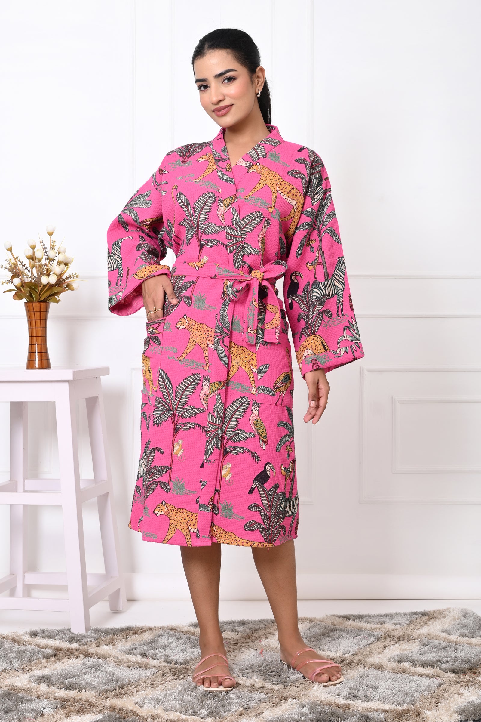 Waffle Cotton Handblock Printed Unisex Bathrobe - Free Size