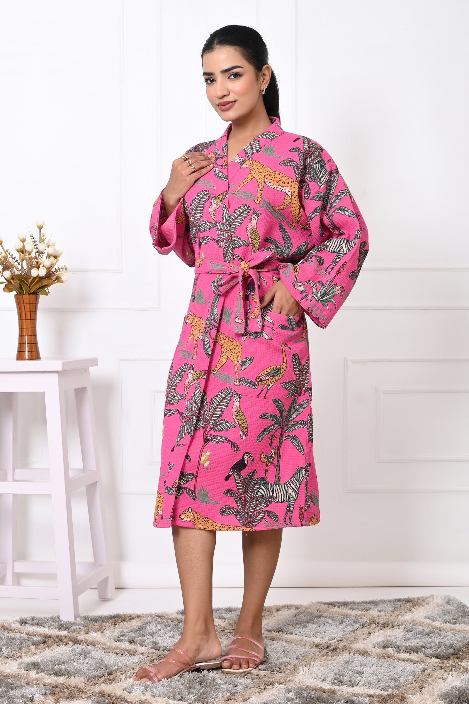 Waffle Cotton Handblock Printed Unisex Bathrobe - Free Size