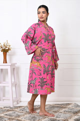 Waffle Cotton Handblock Printed Unisex Bathrobe - Free Size