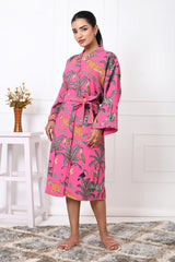 Waffle Cotton Handblock Printed Unisex Bathrobe - Free Size
