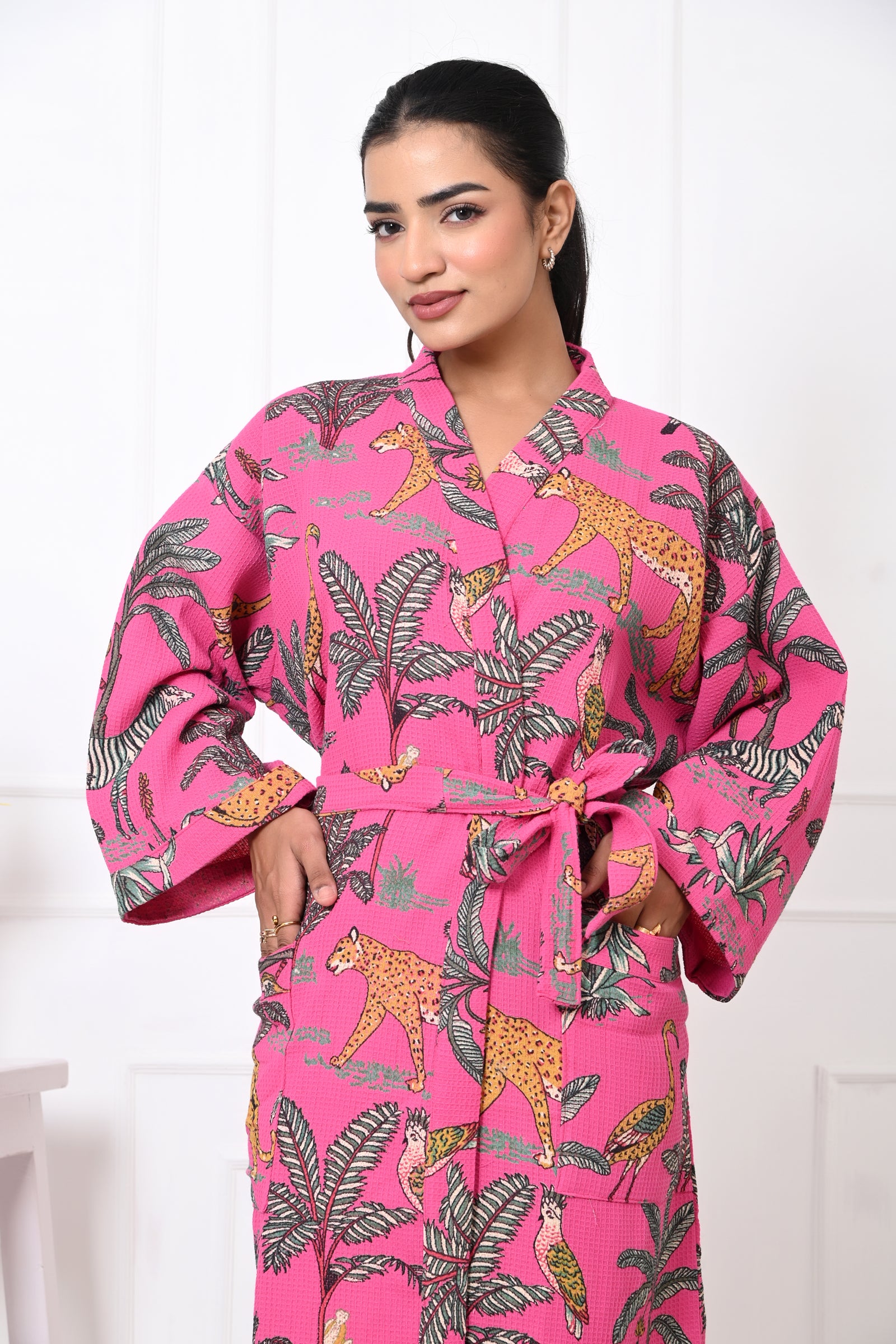 Waffle Cotton Handblock Printed Unisex Bathrobe - Free Size