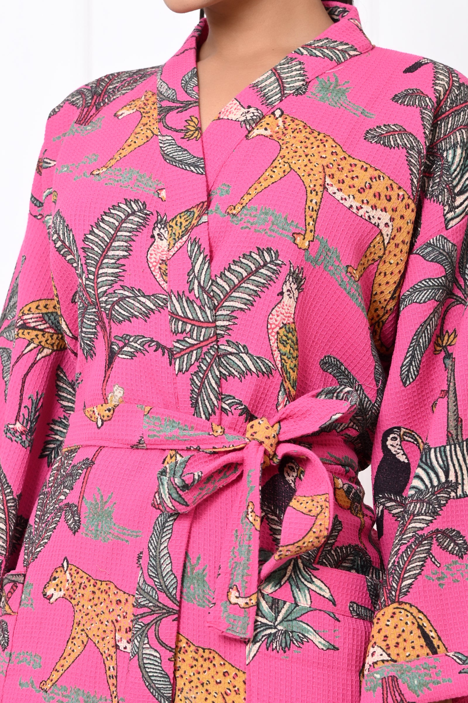 Waffle Cotton Handblock Printed Unisex Bathrobe - Free Size