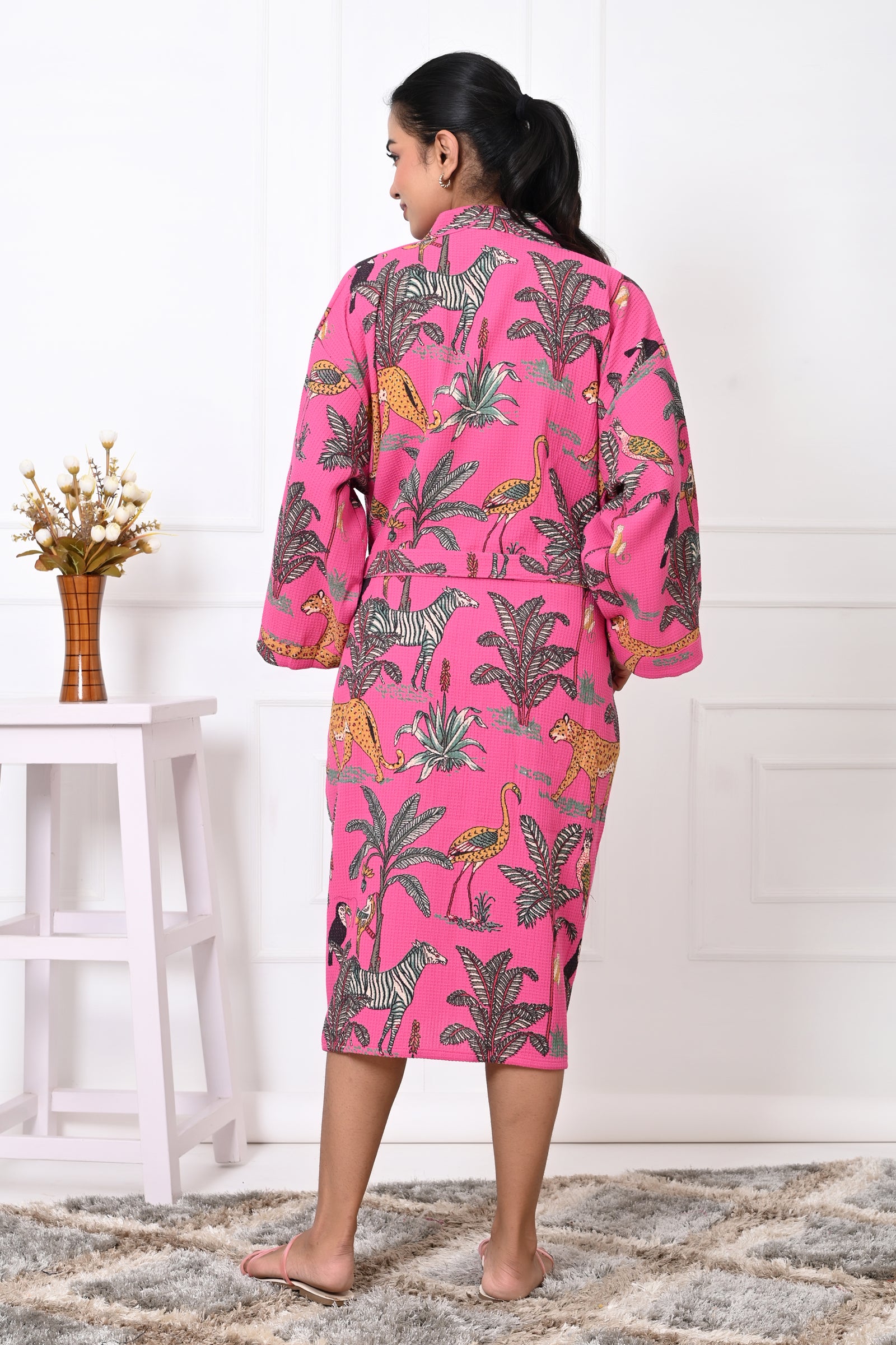 Waffle Cotton Handblock Printed Unisex Bathrobe - Free Size