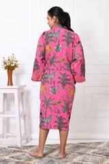 Waffle Cotton Handblock Printed Unisex Bathrobe - Free Size