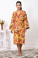 Waffle Cotton Handblock Printed Unisex Bathrobe - Free Size