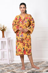 Waffle Cotton Handblock Printed Unisex Bathrobe - Free Size