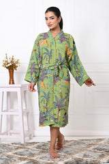 Waffle Cotton Handblock Printed Unisex Bathrobe - Free Size