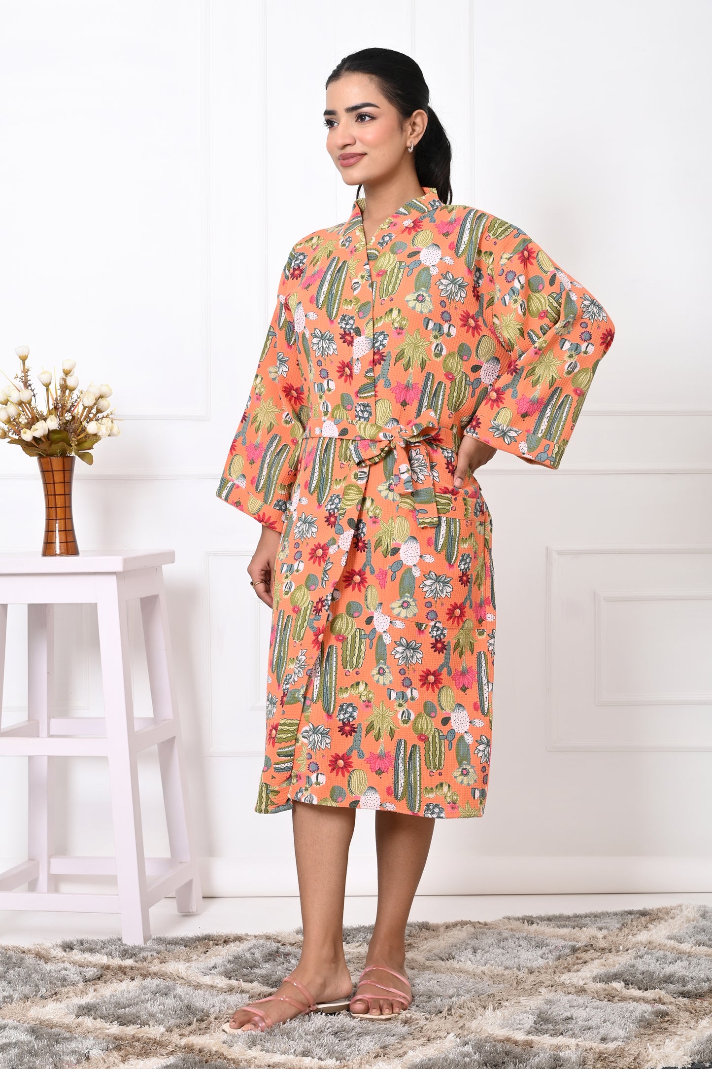 Waffle Cotton Handblock Printed Unisex Bathrobe - Free Size