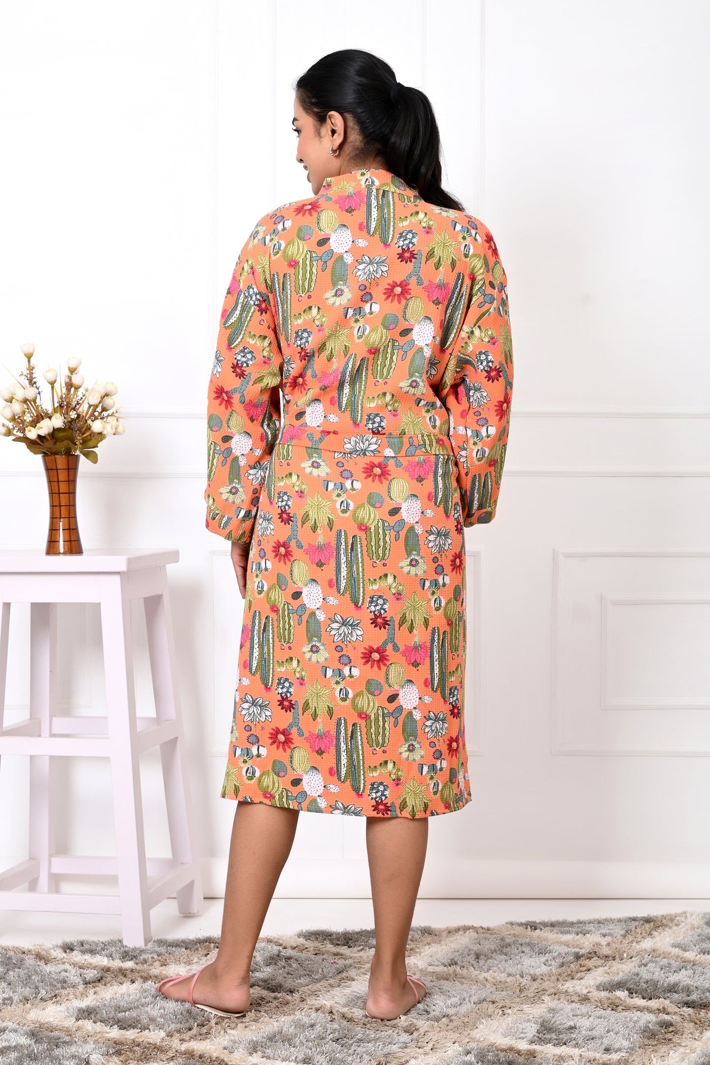 Waffle Cotton Handblock Printed Unisex Bathrobe - Free Size