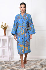 Waffle Cotton Handblock Printed Unisex Bathrobe - Free Size