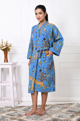 Waffle Cotton Handblock Printed Unisex Bathrobe - Free Size