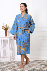 Waffle Cotton Handblock Printed Unisex Bathrobe - Free Size
