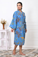 Waffle Cotton Handblock Printed Unisex Bathrobe - Free Size