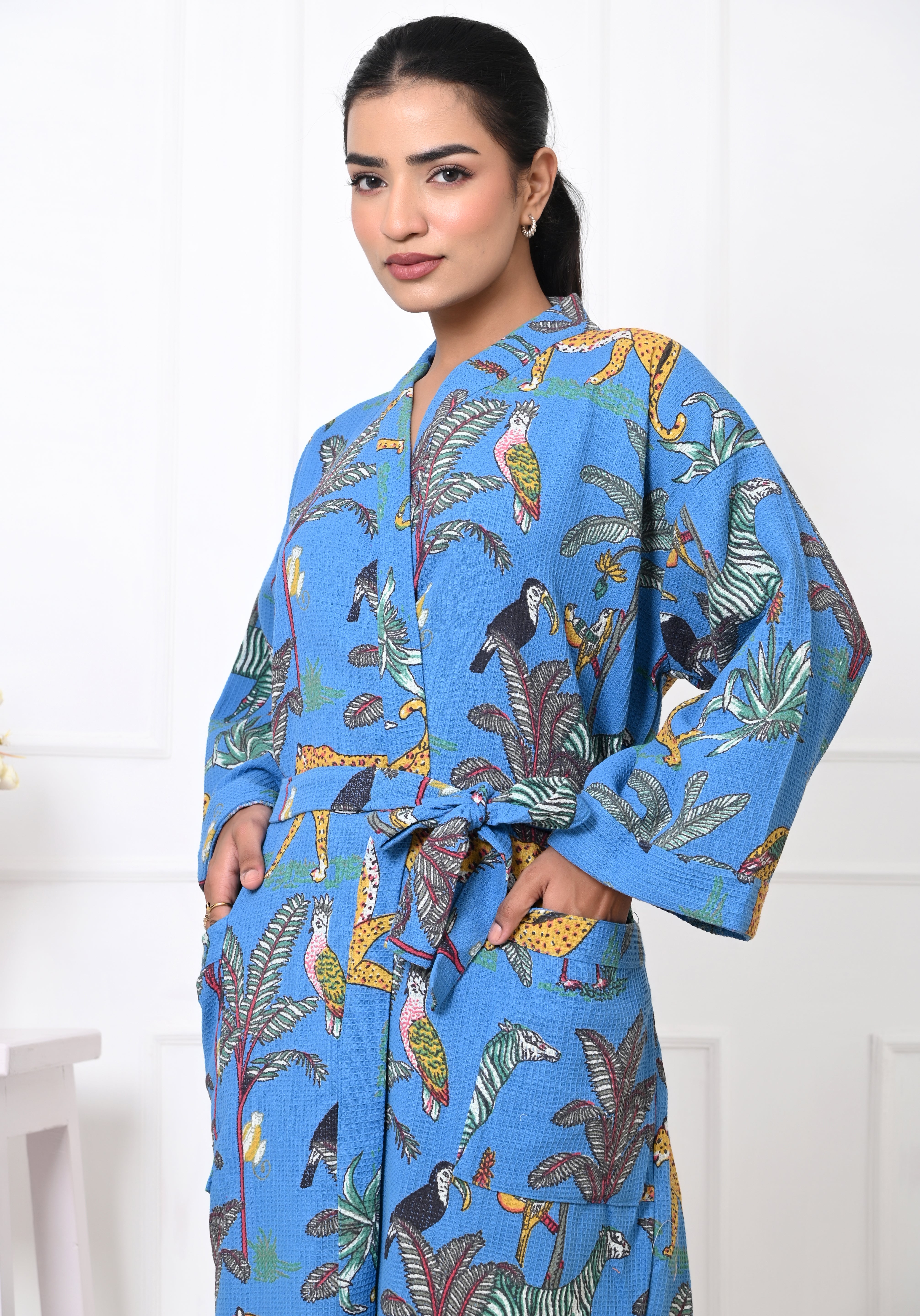 Waffle Cotton Handblock Printed Unisex Bathrobe - Free Size