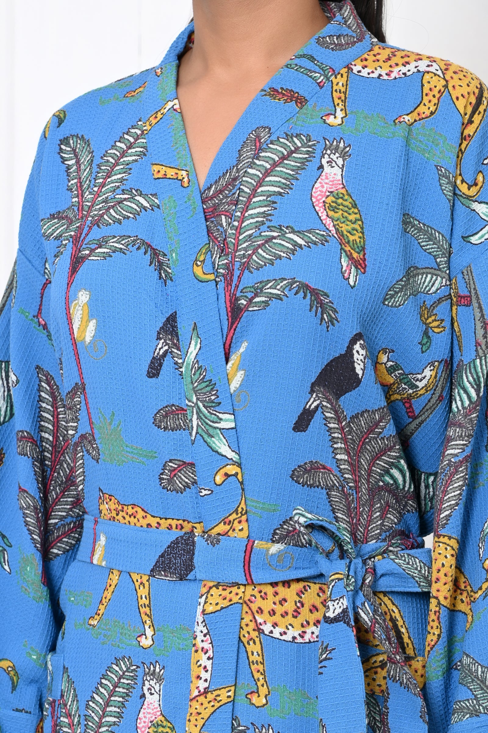Waffle Cotton Handblock Printed Unisex Bathrobe - Free Size