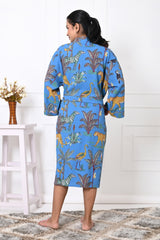 Waffle Cotton Handblock Printed Unisex Bathrobe - Free Size