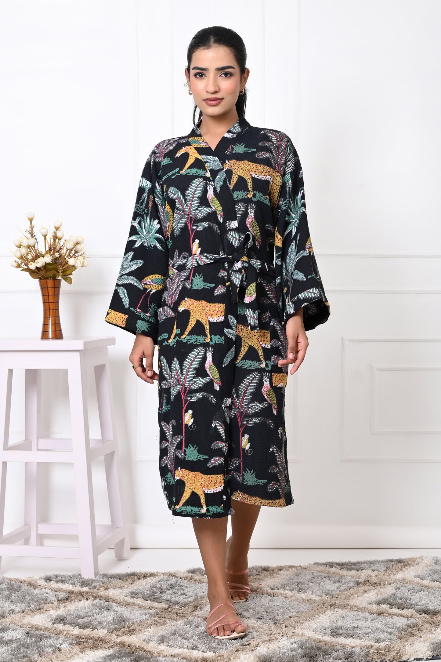 Waffle Cotton Handblock Printed Unisex Bathrobe - Free Size